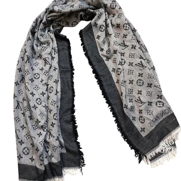 LOUIS VUITTON LV Vintage Light & Charcoal Gray Black Monogram Scarf Shawl Wrap - Picture 5 of 11